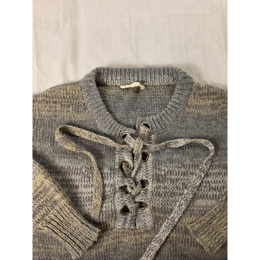 Lovestitch Sweater Womens Small Gray Lace Up Front Marled Knit Pullover Boho